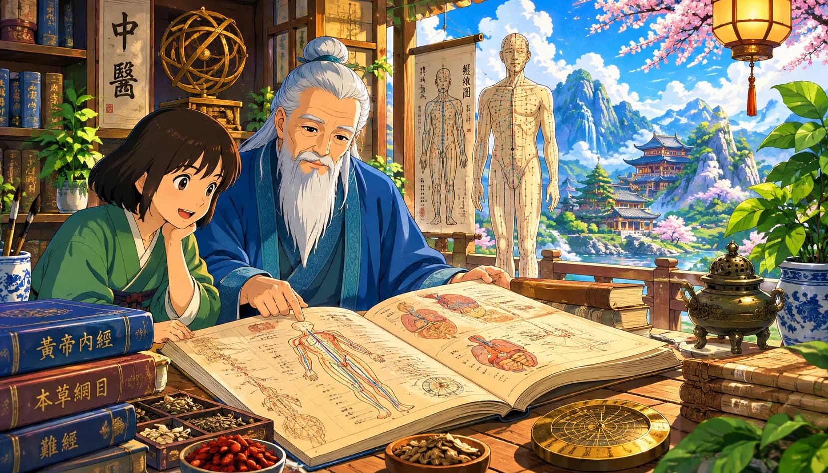 Un maestro de acupuntura enseña a su alumna un gran atlas de los meridianos, con un modelo de puntos junto a la ventana
