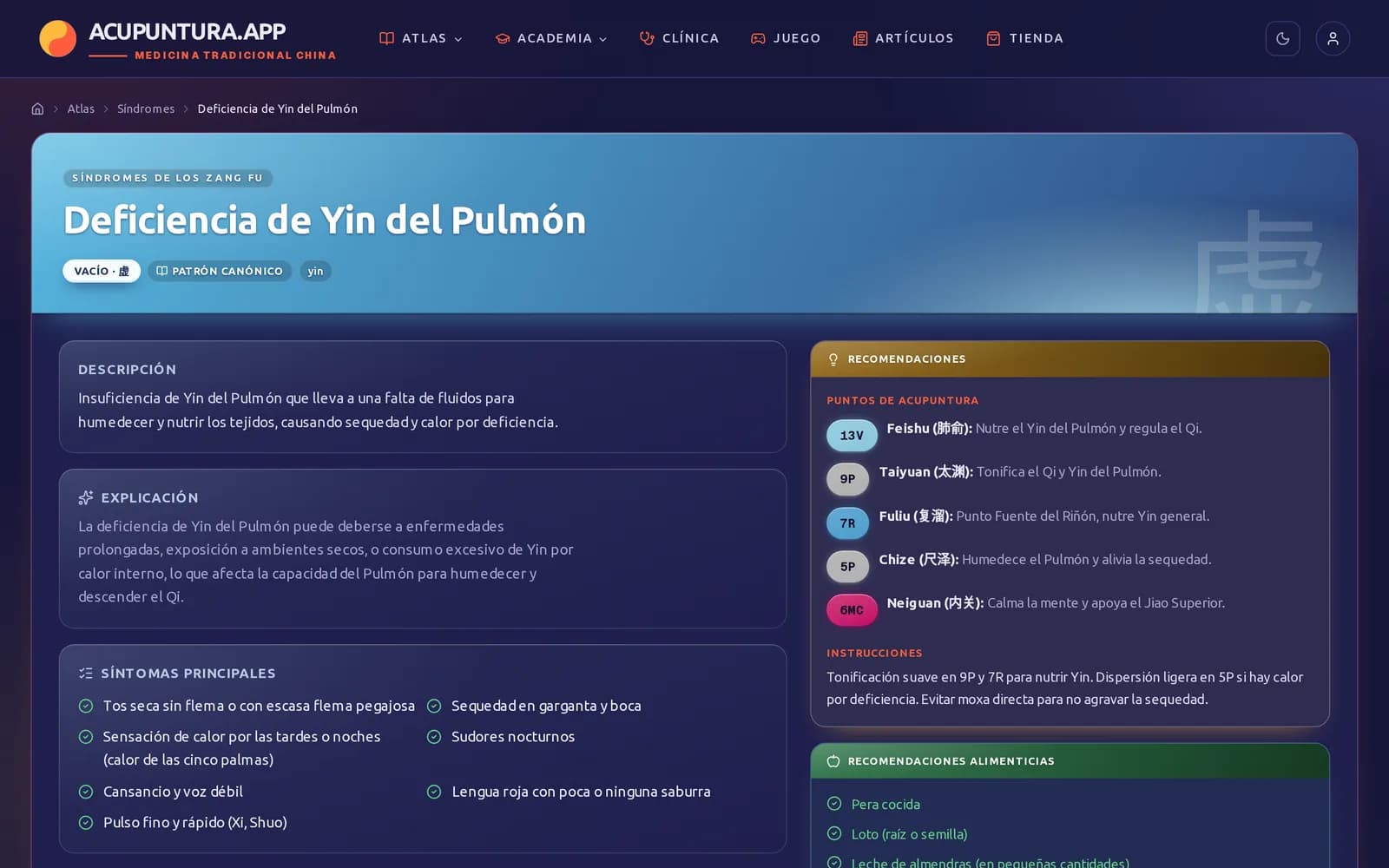 Ficha del síndrome Deficiencia de Yin del Pulmón: descripción, explicación, síntomas principales, puntos recomendados con su función e instrucciones de técnica.